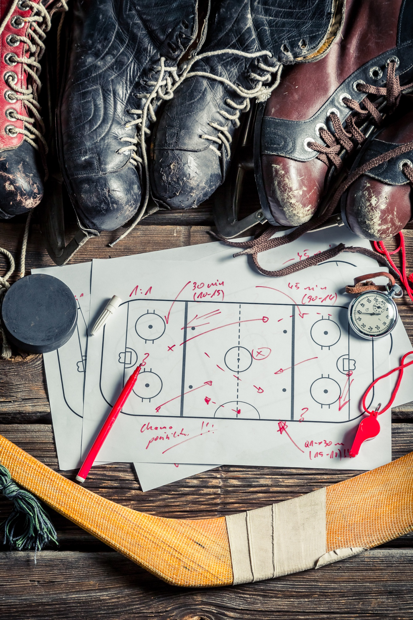 Strategy in hockey on old wooden table